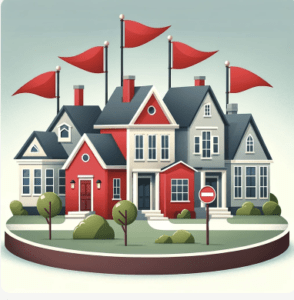 An illustration of houses with prominent red flags indicating potential issues in real estate. The title “Real Estate Red Flags” is clearly visible.